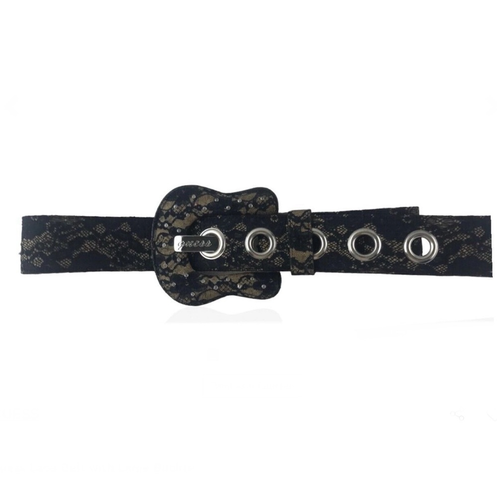 EUC- Vintage Guess Lace 2in Belt w/Embellished Guitar Body Buckle